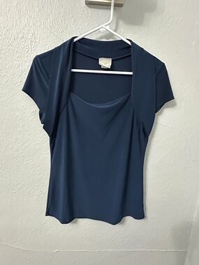 Classic Navy Short-Sleeve Draped Front Blouse